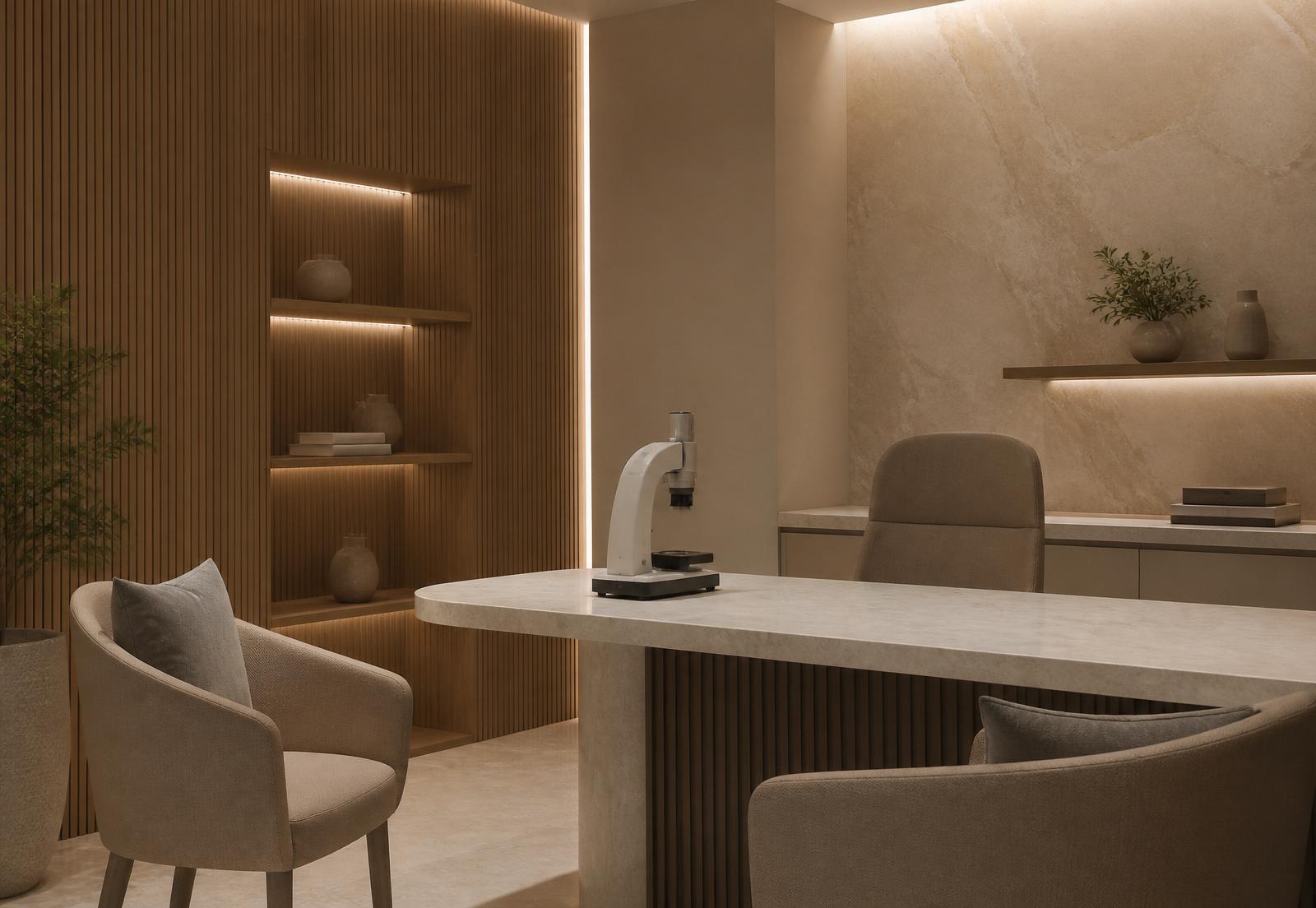 Consultório de Medicina Capilar com iluminação suave e equipamento de tricoscopia sobre a mesa
