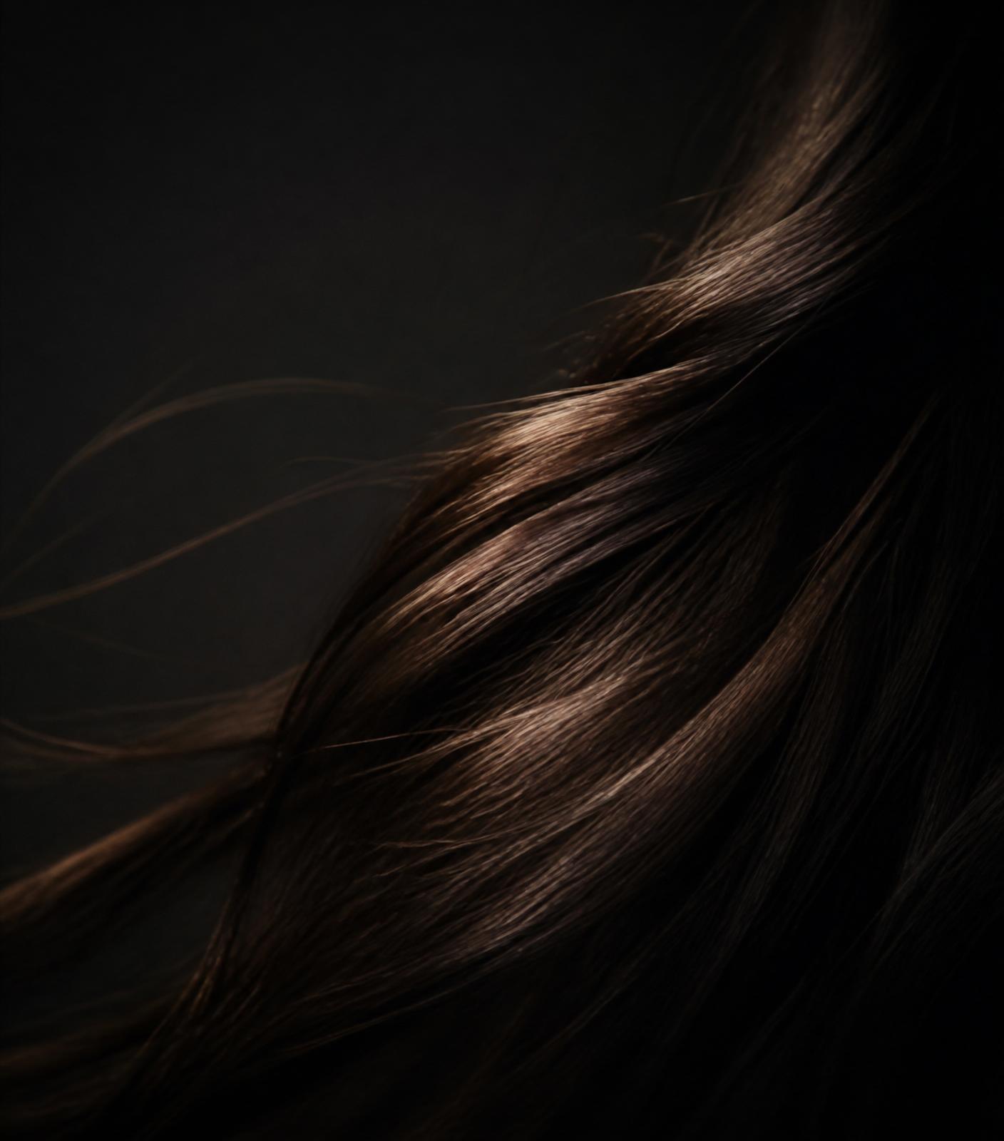 Detalhe editorial de fios de cabelo saudáveis iluminados sobre fundo escuro