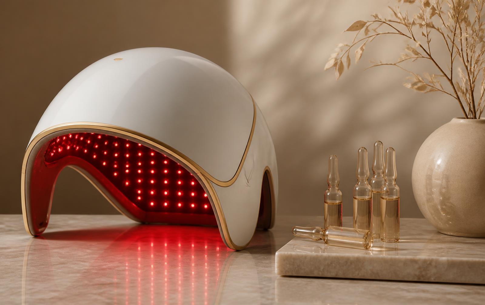 Capacete de LED e laser para tratamento capilar ao lado de ampolas de ativos sobre mármore
